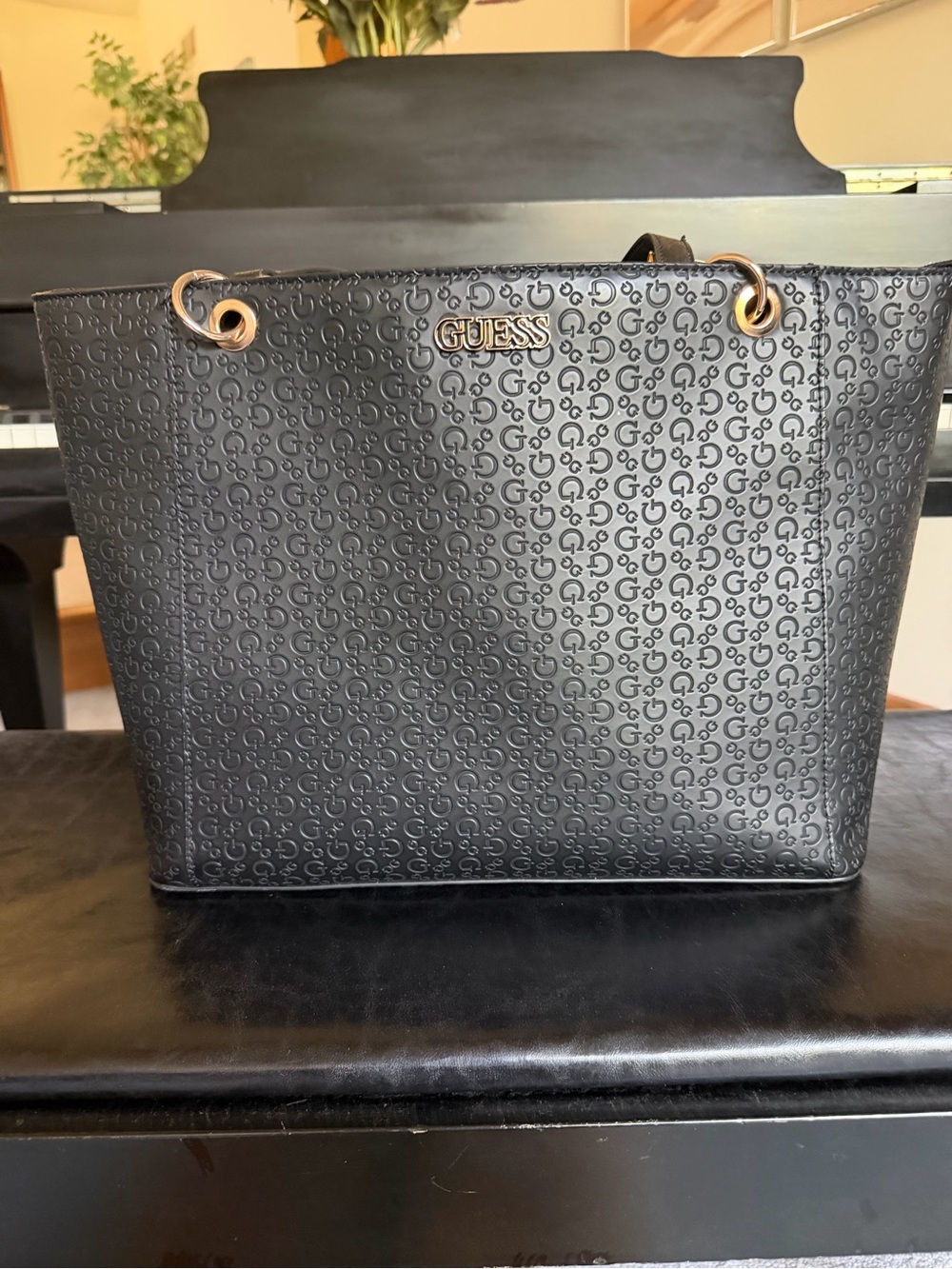 GUESS Black Embossed Logo Tote with Gold Hardware